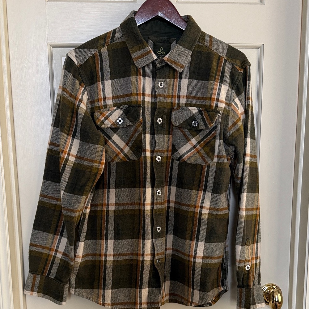 Men’s Prana Plaid Cotton Flannel Button-Up Shirt, Broken In — Sz M